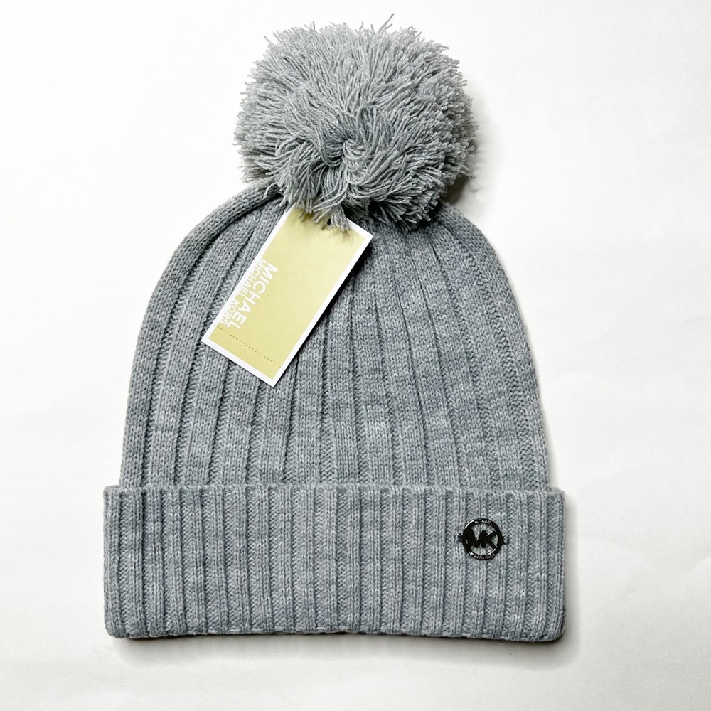 NWT Michael Kors Ribbed Pom Knit Cuffed Beanie Hat Grey OS